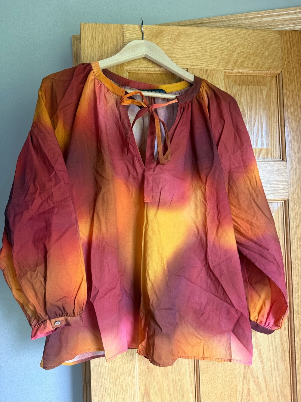 ZARA Boho Watercolor Tie Dye Oversized Balloon Sleeve Blouse Top Sunset Medium